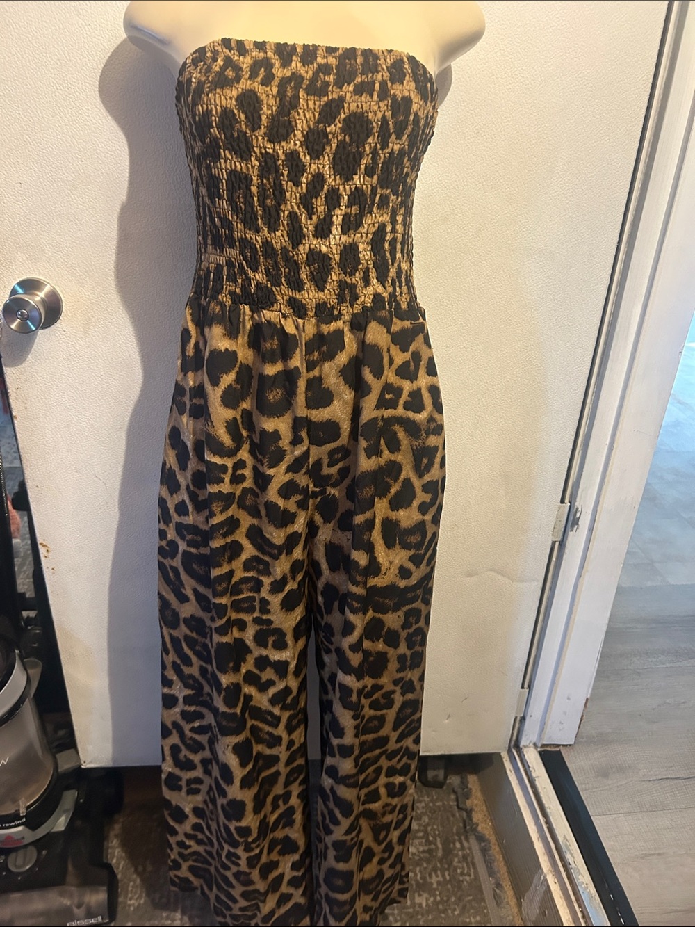 Strapless Leopard Print Jumpsuit in Brown